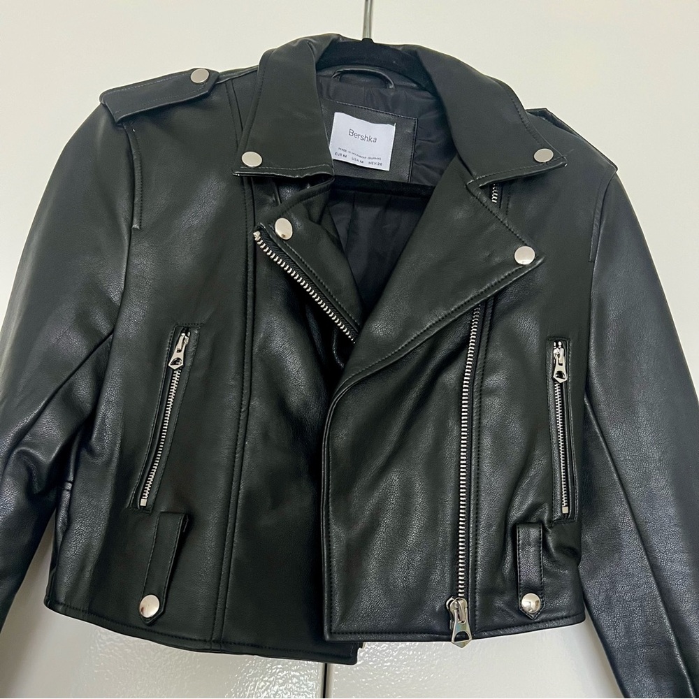 Bershka Women's Black Leather Biker Jacket